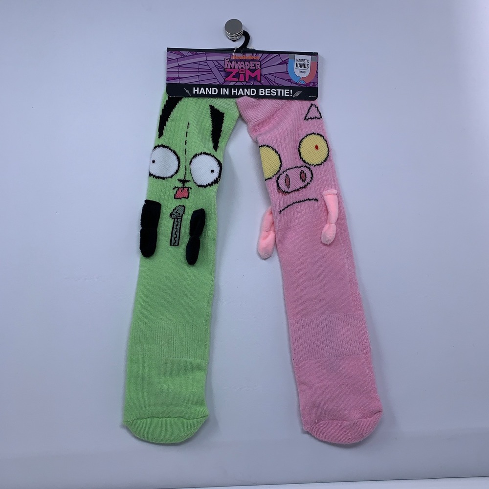 Bioworld Unisex 9-11 Multi Invader Zim Gir Pig Magnetic Hand Bestie Crew Socks